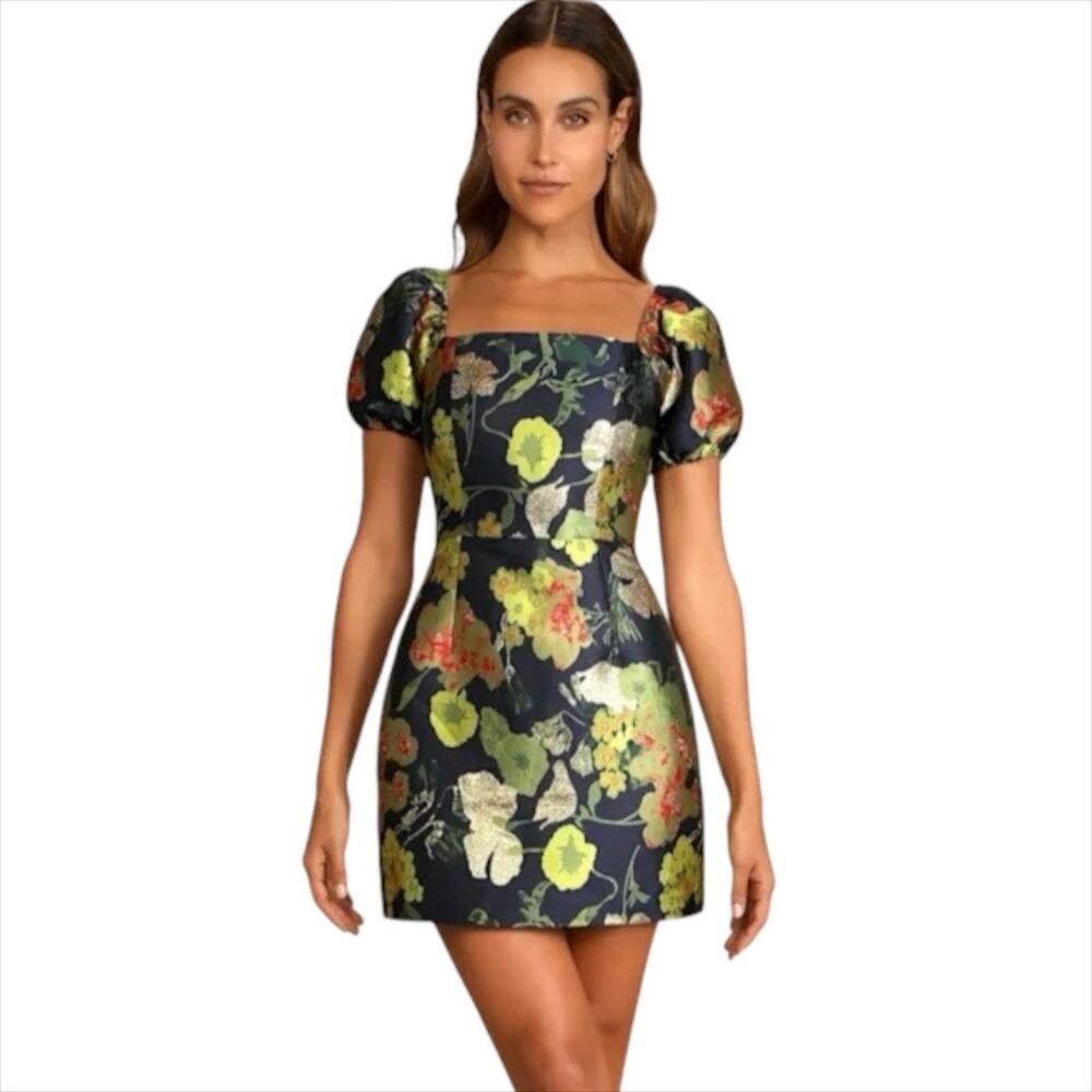 Lulus So Stunning Navy Blue Floral Jacquard Puff Sleeve Mini Dress Size Small